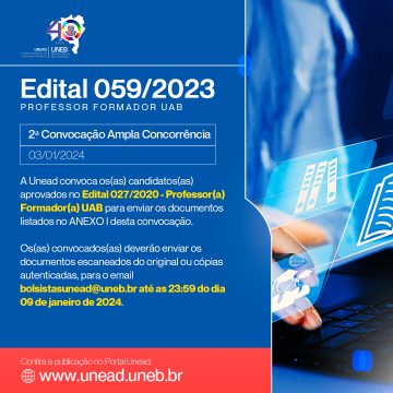 Unead convoca – 2ª Convocação – Edital 059/2023 – Professor Formador UAB – Ampla Concorrência 03/01/2024