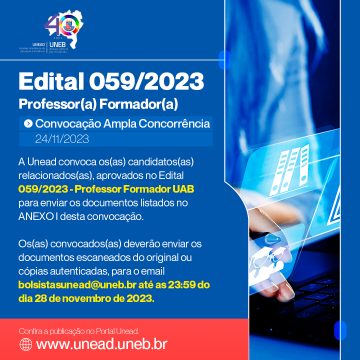 Unead divulga convocação – Ampla Concorrência – Edital 059.2023 – Professor(a) Formador(a) UAB – 24/11/2023
