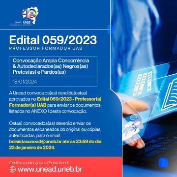 Unead convoca – Edital 059/2023 – Professor Formador UAB – Ampla Concorrência e Autodeclarados(as) Negros(as) – Pretos(as) e Pardos(as) – 18/01/2024