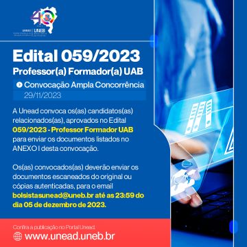 Unead divulga convocação – Ampla Concorrência – Edital 059.2023 – Professor(a) Formador(a) UAB – 29/11/2023