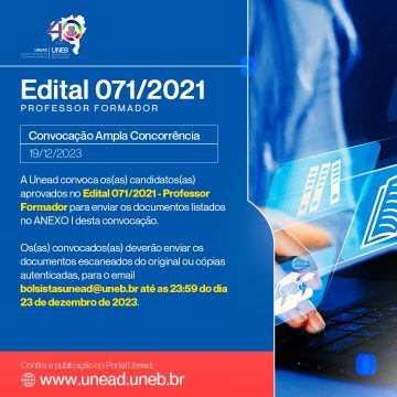 Unead divulga convocação do Edital 071/2021 – Professor(a) Formador(a) – Ampla Concorrência 19/12/202