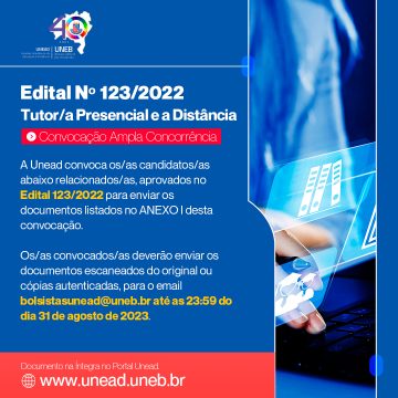 Unead divulga convocação do Edital 123/2022 – Tutor Presencial/a  e a Distância – Publicação 24/08/2023