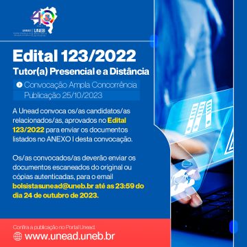 Unead divulga convocação – Ampla Concorrência – do Edital 123/2022 – Tutor(a) Presencial e a Distância – Publicação 25/10/2023