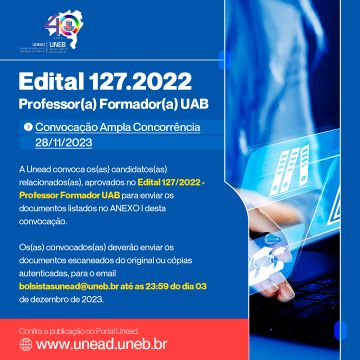 Unead divulga convocação do Edital 127/2022 – Professor(a) Formador(a) UAB – Publicação 28/11/2023 – Ampla Concorrência