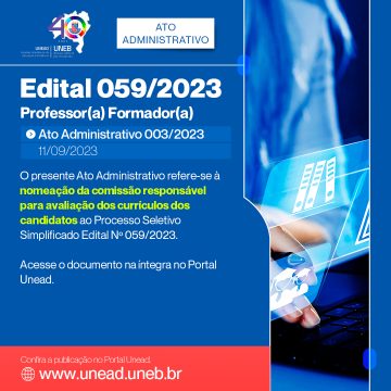 Unead divulga Ato Administrativo 003/2023 referente ao Edital 059/2023 – Professor(a) Formador(a)