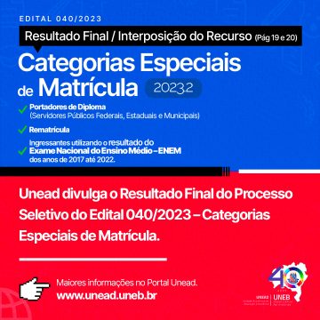 Unead divulga Resultado Final do Edital 040/2023 – Categorias Especiais de Matrícula